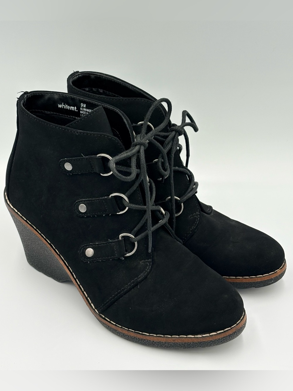 Black Faux Suede Lace Up Wedge Ankle Boots Size 9